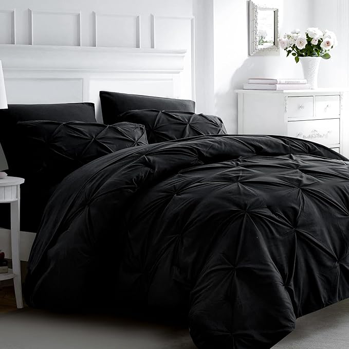 Ubauba 7pc Black Queen Comforter Set with Sheets, 7 Piece Pintuck Bed in a Bag, Queen Size Bed Set for All Seasons, Pinched Pleat Bedding Sets (Black,Queen)