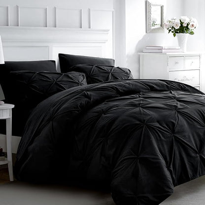 Ubauba 7pc Black King Size Comforter Set with Sheets, 7 Piece Pinch Pleating Bed in a Bag Sets, Pintuck All Season Beddings with Comforter (Black,King)