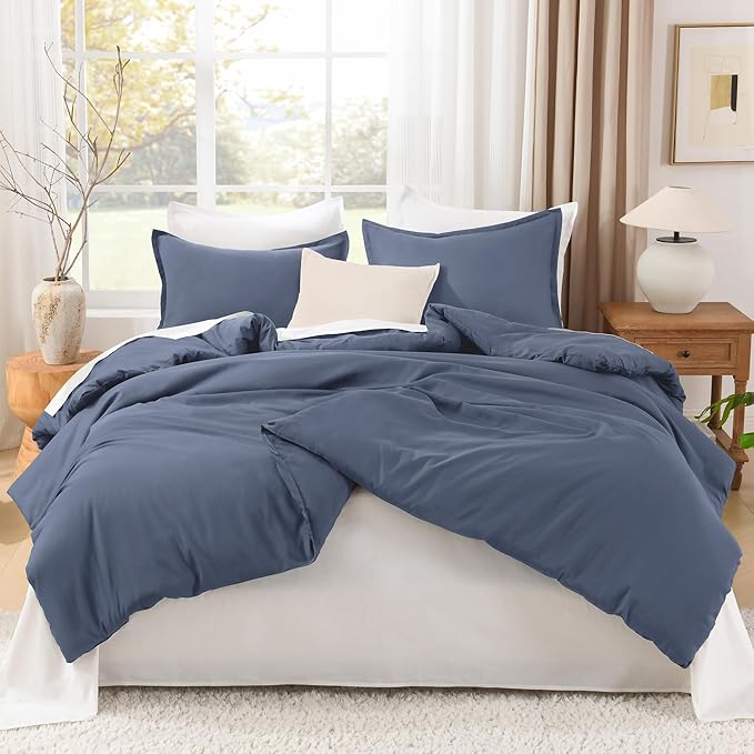 Litanika Comforters Bluish Grey Queen Size, 3 Pieces Lightweight Solid Bedding Set & Collections, All Season Fluffy Bed Set (90x90In Comforter & 2 Pillowcases)