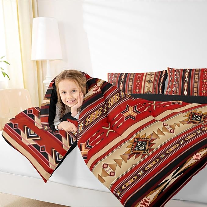 Erosebridal Aztec Bedding Set Ethnic Tribal Arrow Comforter Set,Vintage Southwestern Native Bohemian Quilt Twin,Western Star Duvet Insert Exotic Geometric Diamond Stripes Room Decor,Red and Black