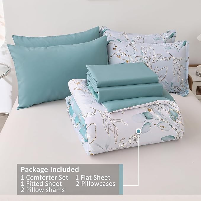 WONGS BEDDING Comforter Set Queen Size, 7 Pieces Aqua Botanical Bed in a Bag Golden Leaves Gradient Bedding Set Soft Microfiber (1 Comforter,2 Pillowcase,2 Pillow Shams,1 Flat Sheet,1 Fitted Sheet)