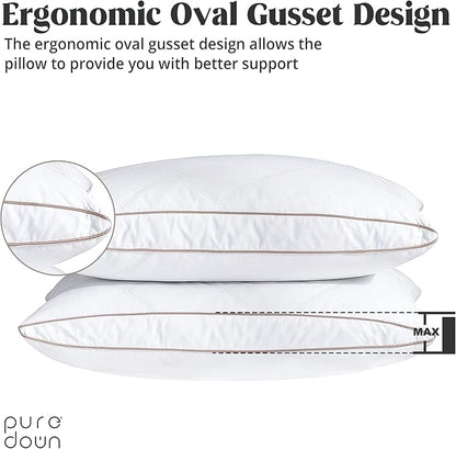 puredown® Natural Goose Down Feather Pillows for Sleeping Oval Gusseted Down Feather Pillow 100% Cotton Pillow Cover with Leaf Quilting Queen Set of 2