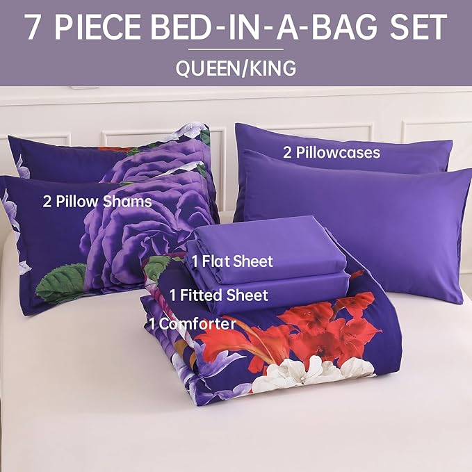 Drucon Dark Purple Floral Comforter Queen Size 7 Pieces Bedding Sets Queen Bed in a Bag, Botanical Floral Comforter with Sheet Set, Soft Microfiber Bedding Set for All Season(Dark Purple, 90"x90")