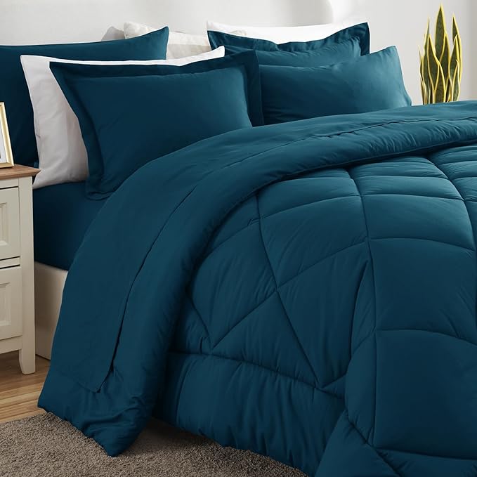 CozyLux Queen Comforter Set Lyons Blue - Bed in a Bag Queen Size 7 Pieces, Luxury Soft Bed Set for All Seasons, Bedding Set with Down Alternative Comforter, Sheets, Pillowcases & Shams