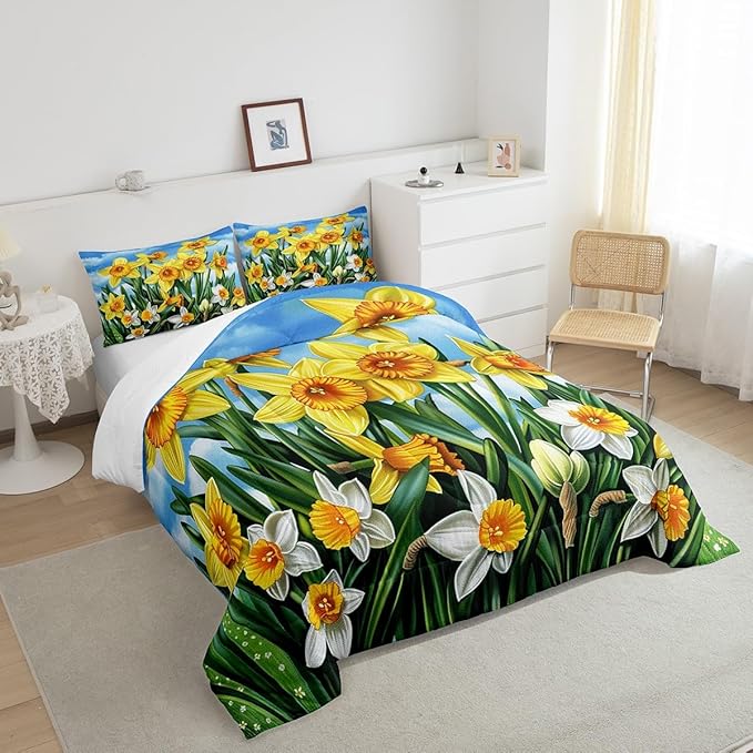 Erosebridal Rustic Flowers Bedding Set for Girls Women,Blossom Daffodil Floral Bedding Comforter Sets Full Country Farmhouse Comforter Set,Pastoral Green Leaf Quilt Duvet Spring Home Decor