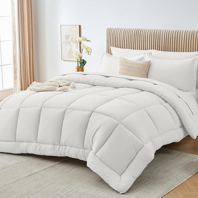 Sasttie Oversized Queen Comforter Set, 7 Pieces Reversible Bed in a Bag, Complete Bedding Set Includes 98''x98'' Comforter, Flat Sheet, Fitted Sheet, Pillowcases and Pillow Shams, Ivory