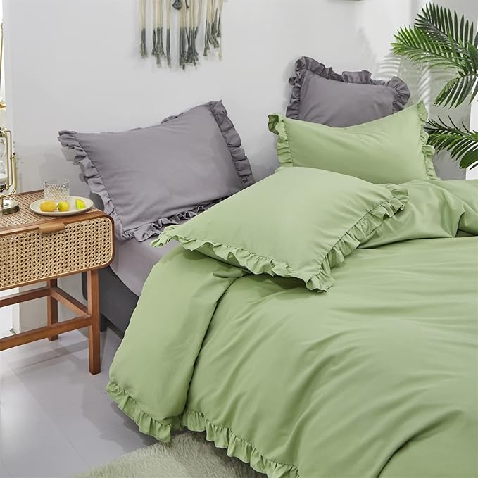 CLOTHKNOW Green Ruffles Queen Comforter Set Farmhouse Bedding Comforter Sets Soft Sage Green Comforter with 2 x Pillow Cases