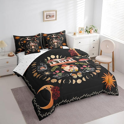 Feelyou Sun Moon Bedding Bed in a Bag with Comforter, Boho Exotic Mushroom Bedding Set with Comforter, Bohemian Comforter for Women Men Floral Full Size 7Pcs Room Decor