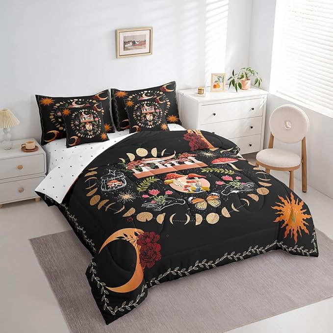 Feelyou Sun Moon Bedding Bed in a Bag with Comforter, Boho Exotic Mushroom Bedding Set with Comforter, Bohemian Comforter for Women Men Floral Twin Size 7Pcs Room Decor