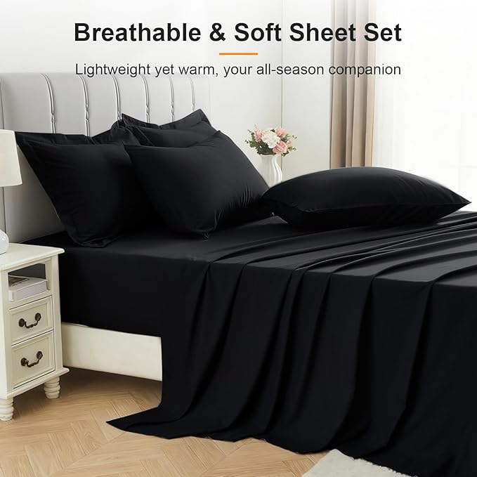 Oversized Queen Comforter Set 7 Pieces - Ultra-Soft Bed in a Bag, Cozy Luxury All Season Bedding Sets with Comforter, Flat Sheet, Fitted Sheet, 2 Pillow Shams & 2 Pillowcases, Black
