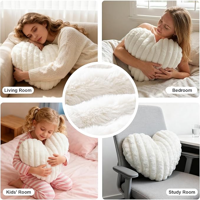 2 Pcs White Heart Throw Pillows, 16 Inch Soft Fluffy Heart-Shaped Comfort Pillows with Calming Texture, Hug Pressure for Relaxing Moments, Ideal for Sofa, Reading, and Naps (White)