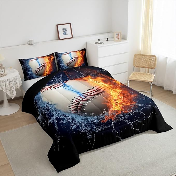 Baseball Comforter Set Twin Size for Teen Boy Room Decor, Fire and Ice Sports Baseball Down Comforter Kids Men Modern Sports Theme Quilted Duvet (1 Comforter Set + 1 Pillow Case), Red and Blue
