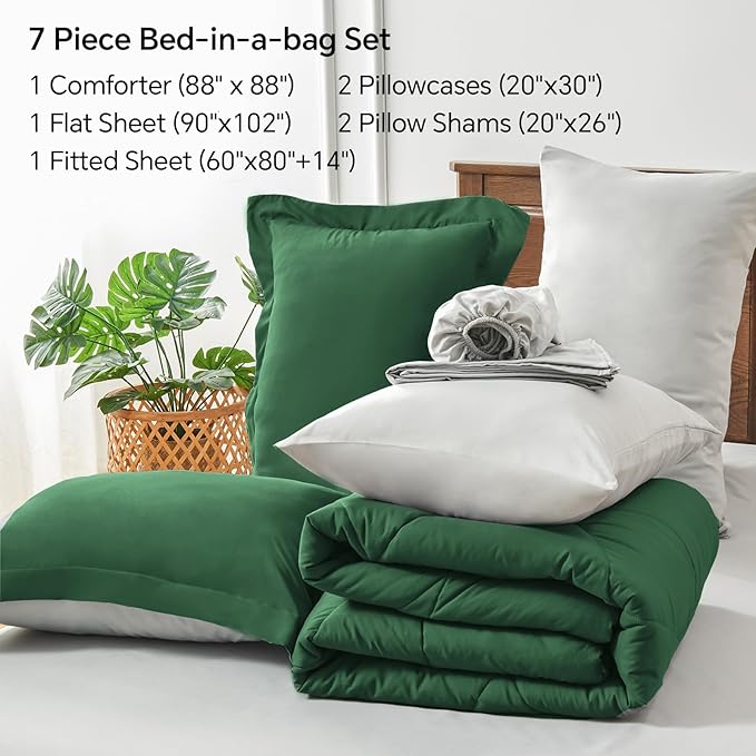 BEDELITE Queen Comforter Set 7 Pieces Bed in A Bag - Soft Microfiber Reversible Dark Green Bed Set with Comforters, Sheets, Pillowcases & Shams, Cozy Luxury Bedding Sets for All Season