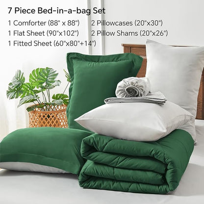 BEDELITE Queen Comforter Set 7 Pieces Bed in A Bag - Soft Microfiber Reversible Dark Green Bed Set with Comforters, Sheets, Pillowcases & Shams, Cozy Luxury Bedding Sets for All Season