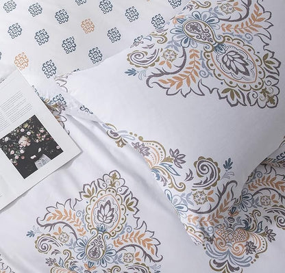 SLEEPBELLA Comforter Queen Size, 600 Thread Count Cotton Yellow & Blue Damask with Taupe Brown Reversible Pattern White Comforter Sets,Down Alternative Bedding Set 3Pcs (Queen, White Damask)