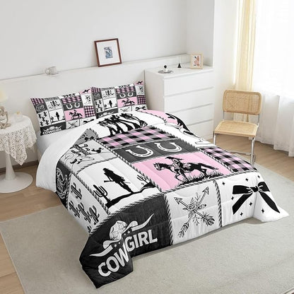 Western Cowgirl Kids Comforter Set Queen Size,Cactus Horseshoe Cowgirl Boot Rustic Bedding Set,Girls Women Room Decor,Bow Cow Skull Patchwork Down Comforter,Pink Fashion Duvet Insert,2 Pillowcases