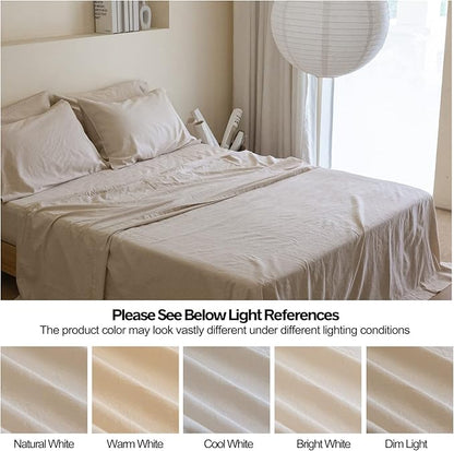 Simple&Opulence Belgian Linen Sheet Set Solid Color - 6 Pieces (1 Flat Sheet & 1 Fitted Sheet & 4 Pillowcases) 16" Deep Pocket Natural Flax Cotton Blended Soft Bedding - Linen, Queen Size