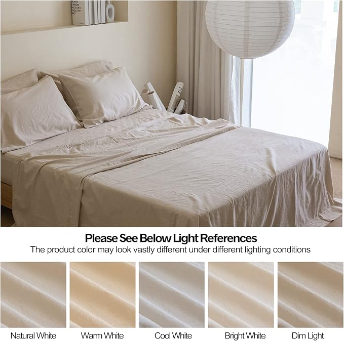 Simple&Opulence Belgian Linen Sheet Set Solid Color - 6 Pieces (1 Flat Sheet & 1 Fitted Sheet & 4 Pillowcases) 16" Deep Pocket Natural Flax Cotton Blended Soft Bedding - Linen, King Size