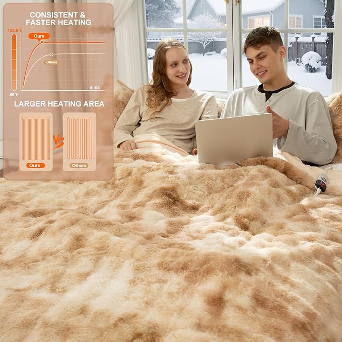 Faux Fur Electric Blanket Queen Size 84"X90" - Bubble Faux Fur Heated Blanket Fluffy Soft Fuzzy with 6 Fast Heating Levels & 10 hrs Timer Settings, Washable & ETL Certified for Bed, Tie-Dye Beige