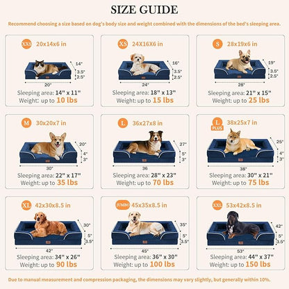 Comfort Expression Orthopedic Dog Bed for Extra Large Dogs 45x35 Inch, Waterproof Egg Crate Foam XL Pet Bed with Removable Bolsters, Dog Couch with Washable Cover & Non-Slip Bottom, Navy Blue