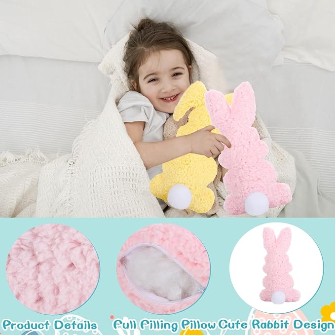 3 Pcs Easter Buuny Throw Pillows, 11.8 Inch Soft Rabbit Shaped Pillow Cushion Plush Happy Easter Decorative Pillow for Couch Bed (Pink, Yellow, Blue)