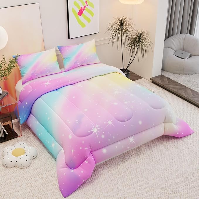 Pink Rainbow Comforter Sets for Girls Kids Adults,3D Pattern with Bright Colors,Decorative Bedding Comforter Sets with 2 Pillow Shams, Queen Size