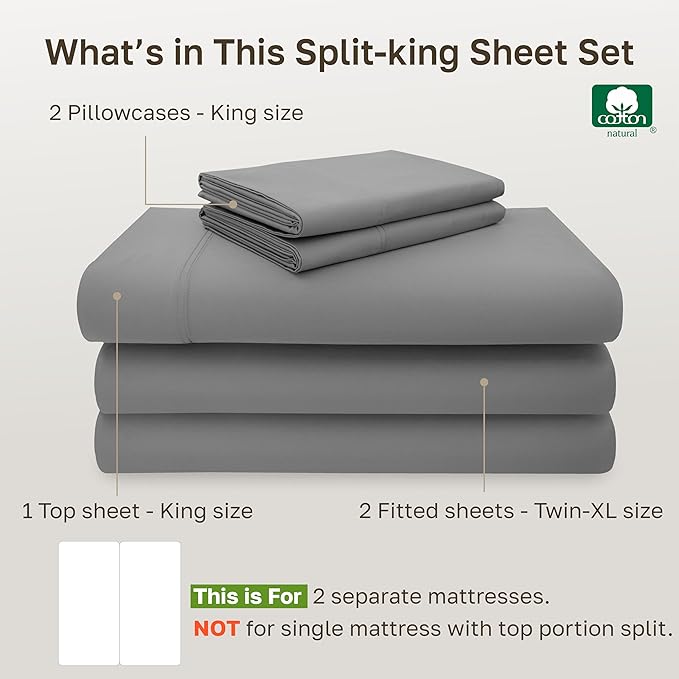 California Design Den Split King Sheet Set - 100% Cotton, 600 Thread Count, Breathable Luxury King Size Sheets for Adjustable Bed, Luxury Hotel-Quality Sheets with Soft Sateen Weave - Mist Grey