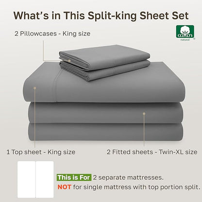 California Design Den Split King Sheet Set - 100% Cotton, 600 Thread Count, Breathable Luxury King Size Sheets for Adjustable Bed, Luxury Hotel-Quality Sheets with Soft Sateen Weave - Mist Grey