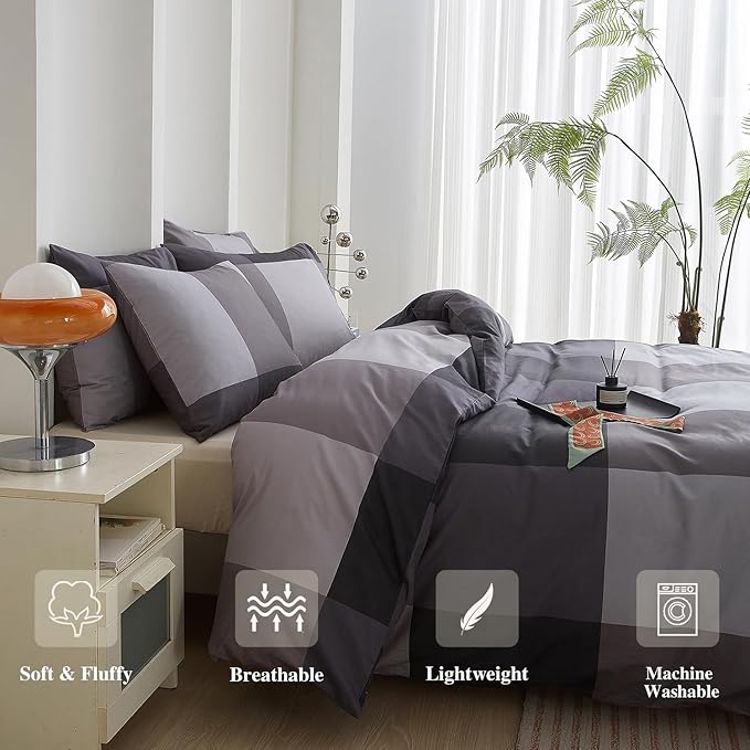 mixinni Queen Comforter Set Men Boys Geometric Checkered Plaid Printed Bedding Comforter for All Season Soft Lightweight Bedding Set-(Queen Size, Grey,Black)