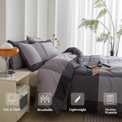mixinni Queen Comforter Set Men Boys Geometric Checkered Plaid Printed Bedding Comforter for All Season Soft Lightweight Bedding Set-(Queen Size, Grey,Black)