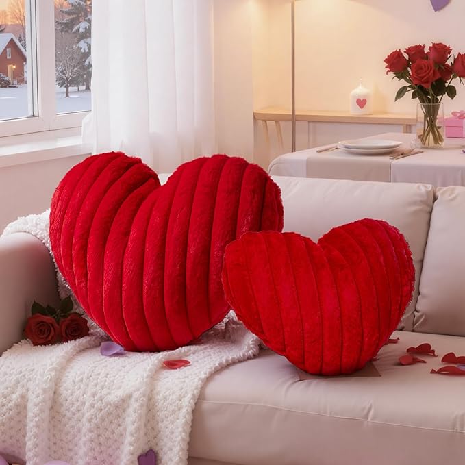 Lanpn Valentines Day Heart Pillows 2Pcs, Heart Shaped Pillow Soft Faux Fur Throw Pillow Plush Heart Decorative Cushion for Home Couch Bed Sofa Valentine Day Decor (Red,16.5x12in/14x10.5in)