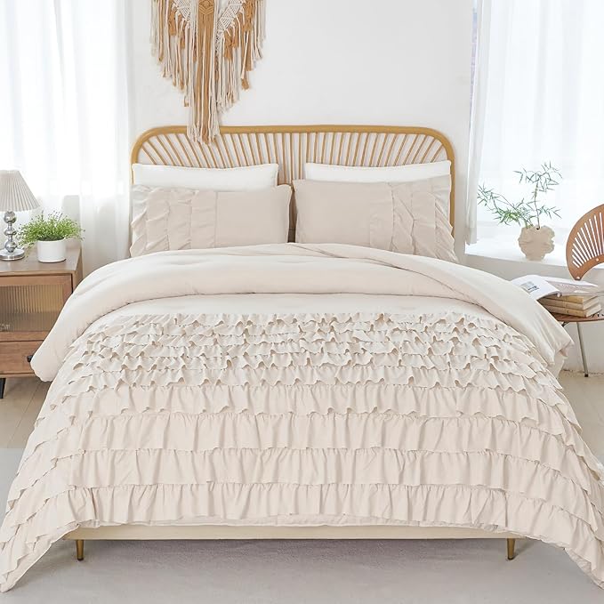 PERFEMET Queen Comforter Set 3 Pieces Beige Ruffled Comforter Set Shabby Chic Bedding Sets for Women Teen Girls Fluffy for All Season