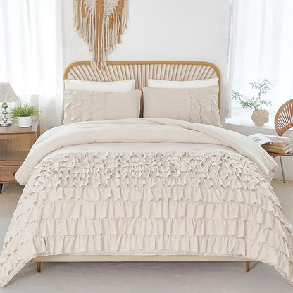 PERFEMET Twin Comforter Set 3 Pieces Beige Ruffled Comforter Set Shabby Chic Bedding Sets for Women Teen Girls Fluffy for All Season