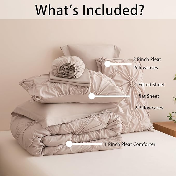 Khaki Full Comforter Set - 7 Pieces Bed in a Bag, Premium Comforters Full Size Bed Set Pintuck Pinch Pleat Complete Comforter Set with Flat Sheet, Fitted Sheet and Pillowcases,Khaki