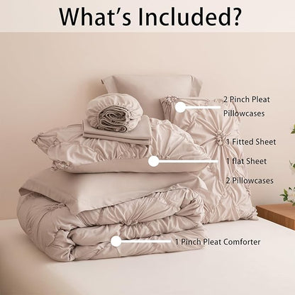 Khaki Full Comforter Set - 7 Pieces Bed in a Bag, Premium Comforters Full Size Bed Set Pintuck Pinch Pleat Complete Comforter Set with Flat Sheet, Fitted Sheet and Pillowcases,Khaki