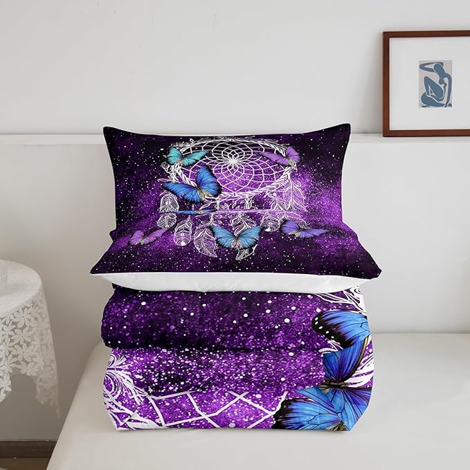 Butterfly Dream Catcher Comforter Set for Kids Teens Girls, Mandala Feather Bedding Down Comforter Queen Size, Bohemian Duvet Insert, Galaxy Theme Luxury Microfiber Quilt for Girly Woman, Purple