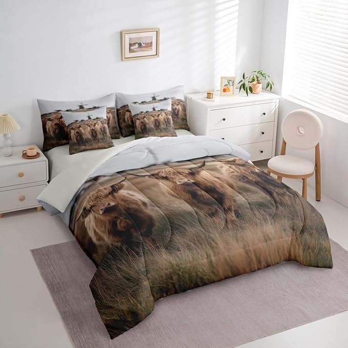 Erosebridal Cow Print Queen Bedding Set - Western Highland Cow Bed in A Bag,Wild Animal Comforter Sets with Sheets, Farmhouse Country Style 7 Pieces Bed Set Bedroom Decor