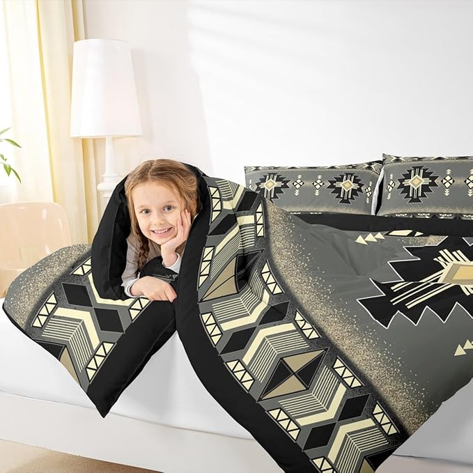 Erosebridal Toddler Southwestern Aztec Comforter Set, Rustic Western Bedding Set, Exotic American Native Bedding Comforter Sets for Boys Teens Men Bedroom, Farmhouse Ethnic Geometric Quilt,Gray Black