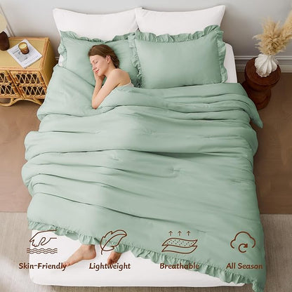 FUANNA Queen Comforter Set Sage Green, 3 Pieces Ruffle Queen Bed Set, Fluffy Bed in a Bag Queen for All Seasons, Shabby Chic Bedding Comforter Sets with 1 Lightweight Comforter & 2 Pillowshams