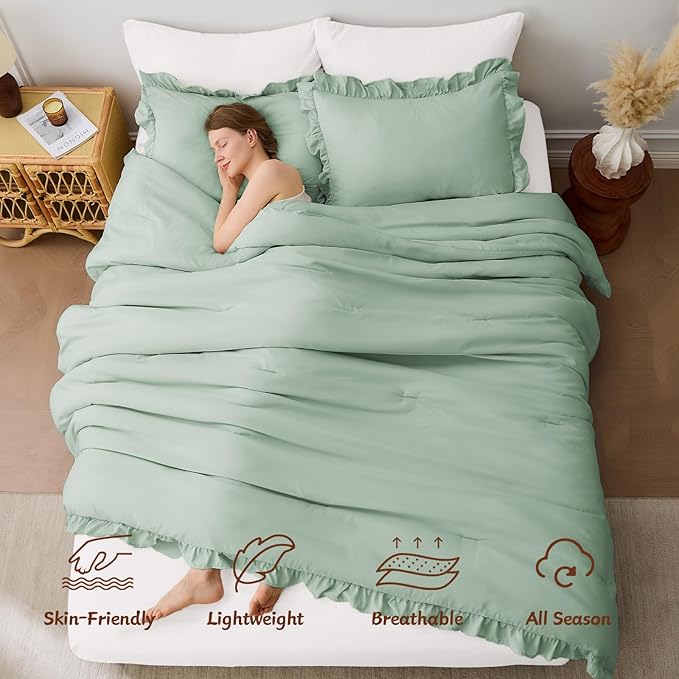 FUANNA Full Size Comforter Sets Sage Green, 3 Pieces Ruffle Full Size Bedding Sets, Fluffy Bed in a Bag Full for All Seasons, Shabby Chic Full Bed Set with 1 Lightweight Comforter & 2 Pillowshams