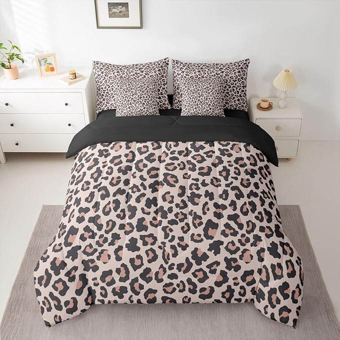 Erosebridal Cheetah Fur Beige Pink Black 7 Piece Bedding Set Twin | Leopard Print Comforter Set with Sheets Women Men Adults Bed in A Bag Animal Skin Pattern Bed Sets