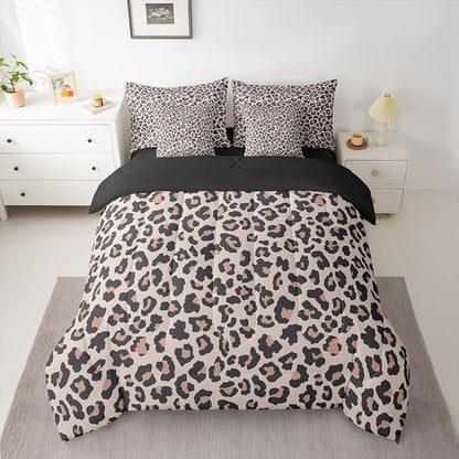 Erosebridal Cheetah Fur Beige Pink Black Comforter Set Queen Size 7 Pieces | Leopard Print Bed in A Bag Women Men Adults Bed Set Animal Skin Pattern Bedding