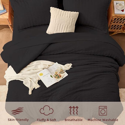 FUANNA Full Size Comforter Sets 7 Pieces, Luxury Seersucker Bed in a Bag Full for All Seasons, Soft Bed Sets with Comforter, Flat Sheet, Fitted Sheet, Pillowcases & Shams for Bedroom, Black