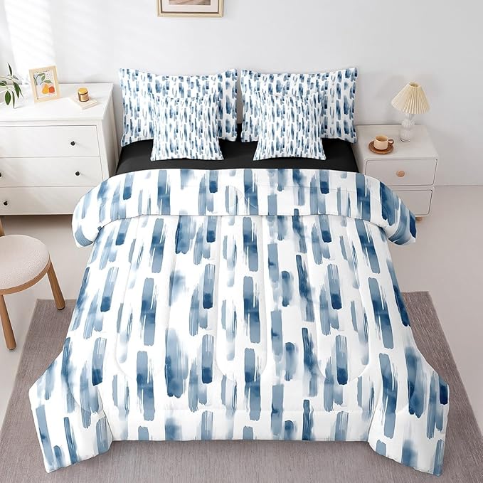 Erosebridal 7Pcs Navy Blue Boho Comforter Set Full Size,Abstract Art Aesthetic Striped Bed in A Bag for Kids Teens Adults,Ink Painting Graffiti Watercolor Quilt Set,Modern Bedding with Bed Sheets