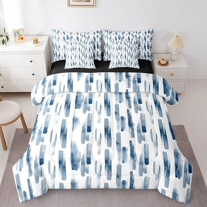 Erosebridal 7Pcs Navy Blue Boho Comforter Set Twin Size,Abstract Art Aesthetic Striped Bed in A Bag for Kids Teens Adults,Ink Painting Graffiti Watercolor Quilt Set,Modern Bedding with Bed Sheets