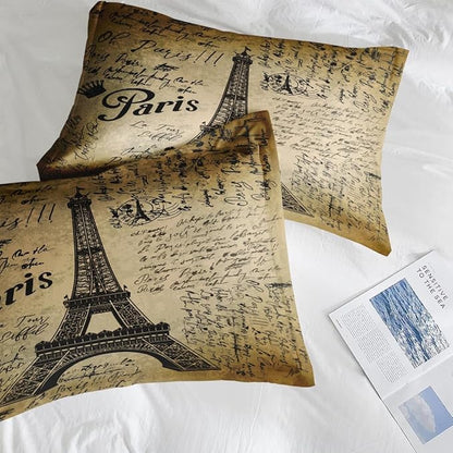 Comforter Set Full Size, Paris Eiffel Tower Vintage 3 Pcs Soft Bedding Set for Kids and Adults, Vintage Love Retro Comforter Set with 2 Pillowcases, for Bedroom Bed Decor