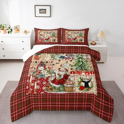 Merry Christmas Comforter Set Full Size,Xmas Tree Deer Antler Bedding Set Cartoon Santa Claus Quilt Set for Kids Girls Boys Adult Room Decor,Red Green Grid Patchwork Plaid Duvet Insert 3Pcs