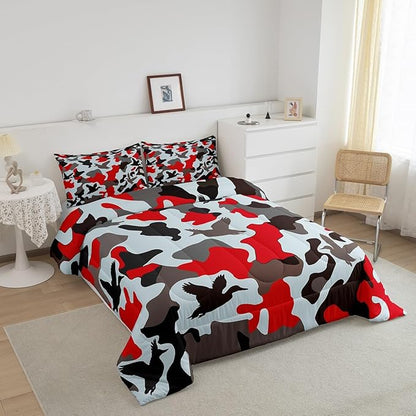 Erosebridal Farmhouse Duvet Insert Full Size Camo Bedding for Kids Army Camouflage Hunting Bedding Comforter Sets Vintage Red Grey Bedroom Decor Wild Animal Duck Rustic Comforter Set