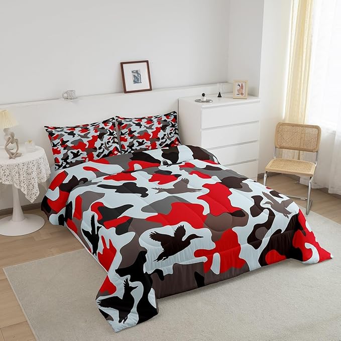 Erosebridal Farmhouse Duvet Insert Toddler Size Camo Bedding for Kids Army Camouflage Hunting Bedding Comforter Sets Vintage Red Grey Bedroom Decor Wild Animal Duck Rustic Comforter Set