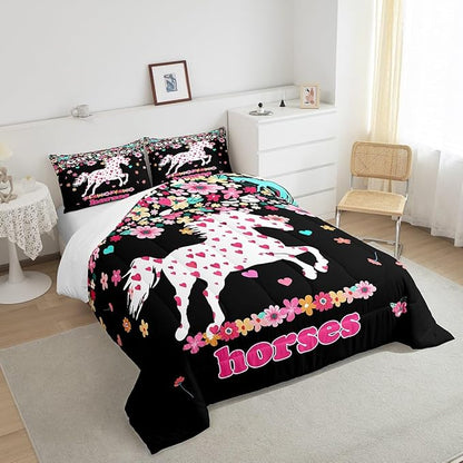 Feelyou Horse Comforter Set Toddler Size Kids Galloping Horse Comforter for Boys Teens Floral Flower Bedding Set Heat Love Pattern Pink and Black Duvet Set Room Decor Quilt Set